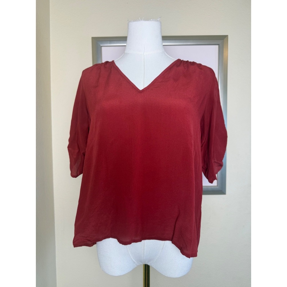 Madewell Silk Blouse Ruched Sleeves Tie Cottagecore | Red | Size Medium‎